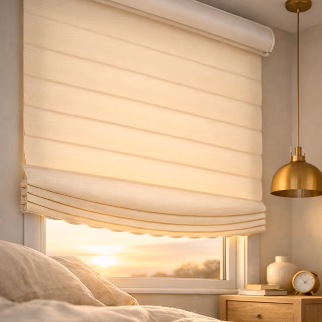 Hunter Douglas Sonnette cellular roller shades with curved honeycomb profile and compact cassette headrail filtering soft morning light in a minimalist Scandinavian bedroom with linen bedding and brass pendant, installed by Bay Blinds Novato CA 94945