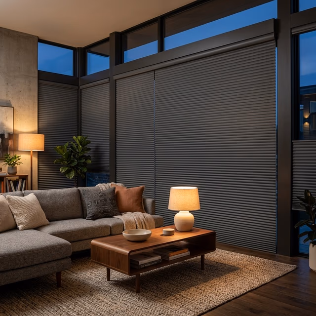 Hunter Douglas Sonnette cellular roller shades in charcoal room-darkening fabric with seamless cassette headrail in a contemporary living room at dusk with warm ambient table lamps, installed by Bay Blinds Novato CA 94945