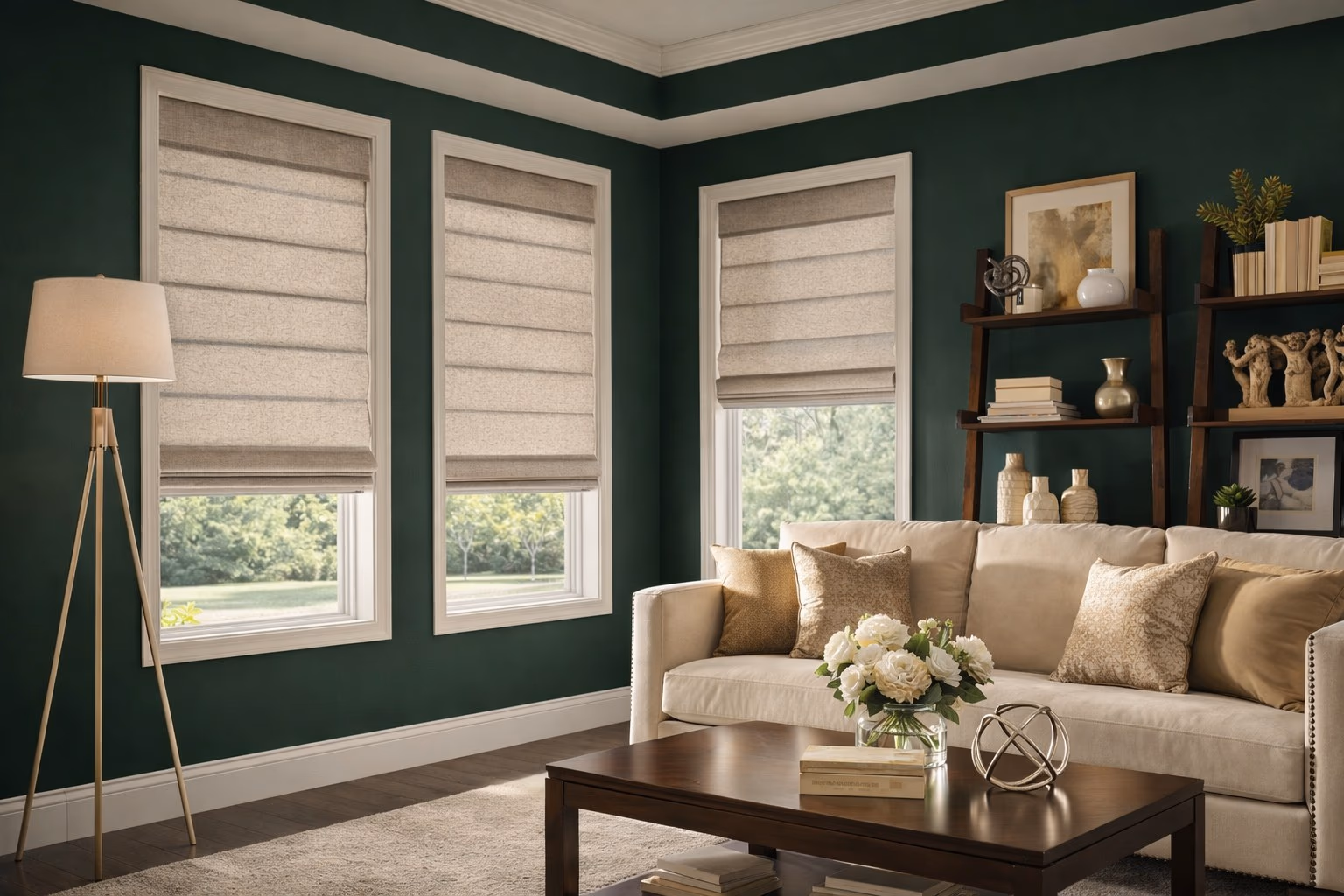 Hunter Douglas Vignette Modern Roman Shades with clean horizontal folds on three windows in an elegant emerald green living room with gold accents, installed by Bay Blinds