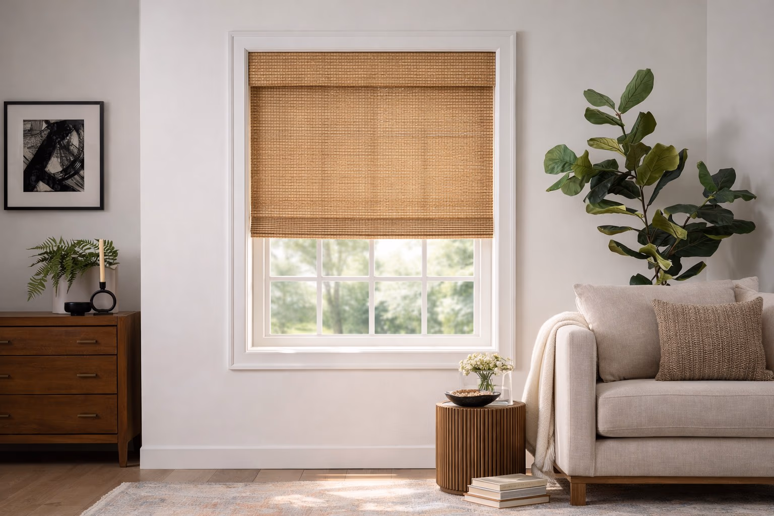 Hunter Douglas Provenance Woven Wood Shade in a minimalist living room with fiddle leaf fig plant and modern furnishings, installed by Bay Blinds