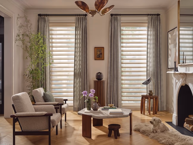 Hunter Douglas Pirouette shadings with drapery panels filtering natural daylight for circadian wellness in a Marin County living room