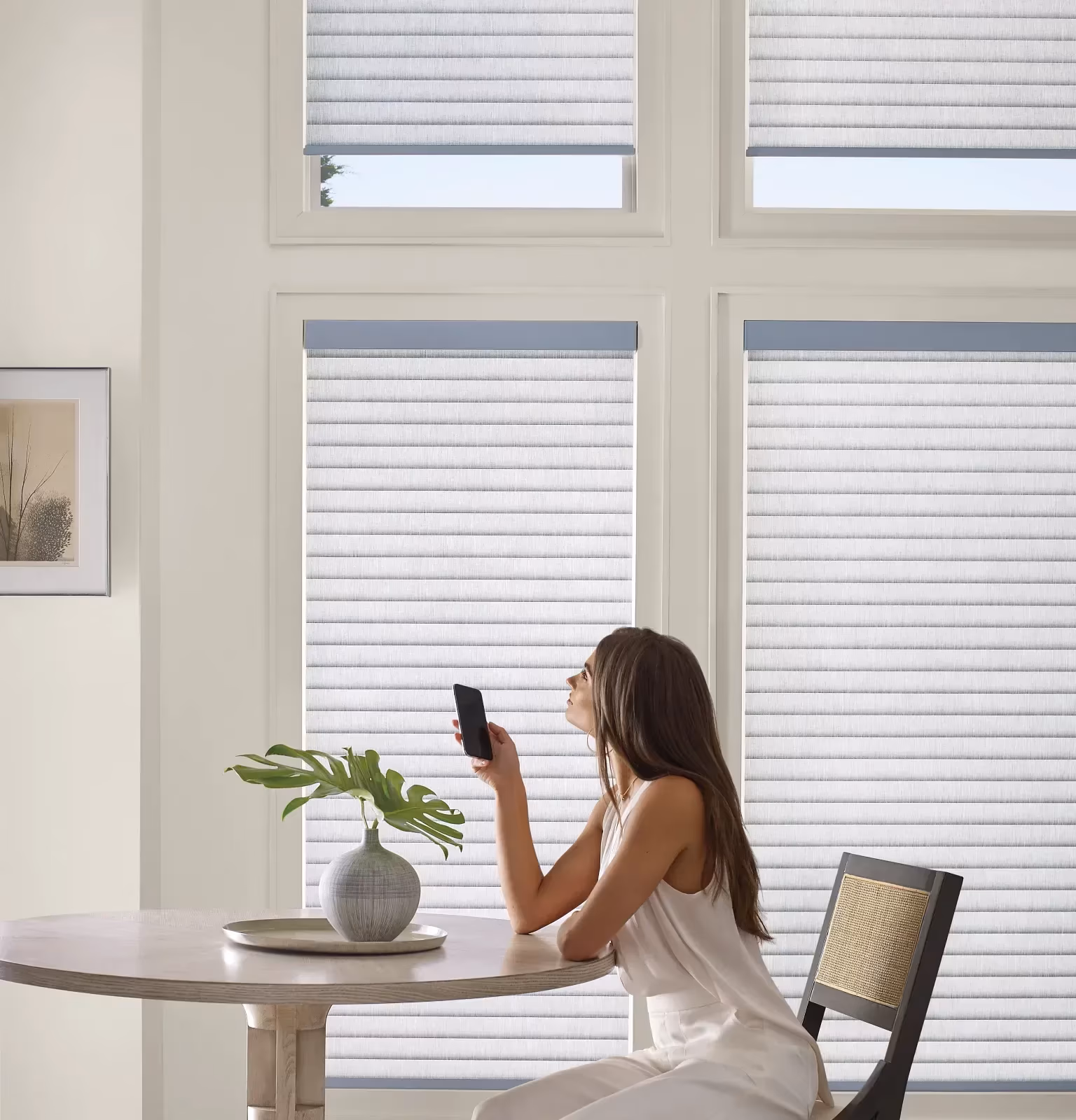 Hunter Douglas PowerView motorized shade operated from a smartphone app for high-ceiling skylights in a Marin County home