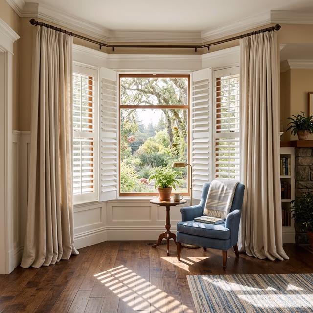 Coordinated drapery, shutters, and upholstery fabric detail matched by the Bay Blinds design team, Novato CA 94945