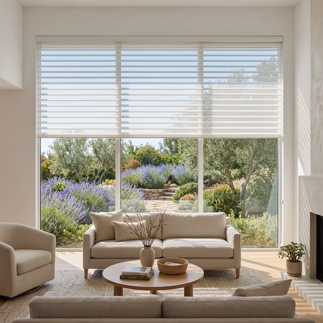 Close-up of Hunter Douglas Silhouette fabric vanes suspended between two sheer fabric panels, installed by Bay Blinds, Novato CA 94945